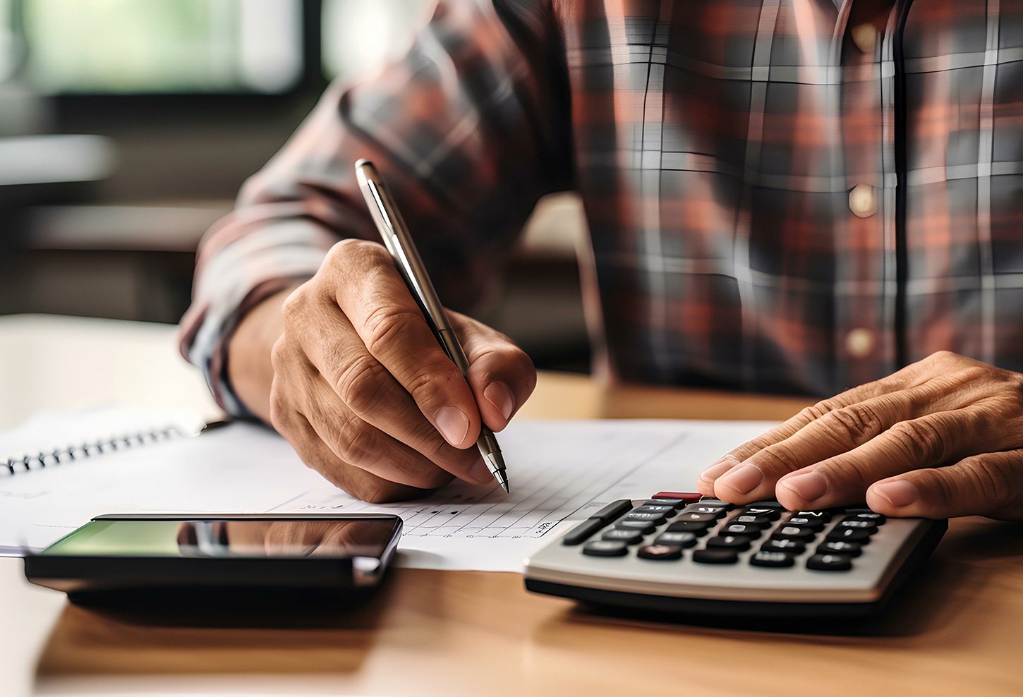 Man wearing plaid shirt holding pen using calculator